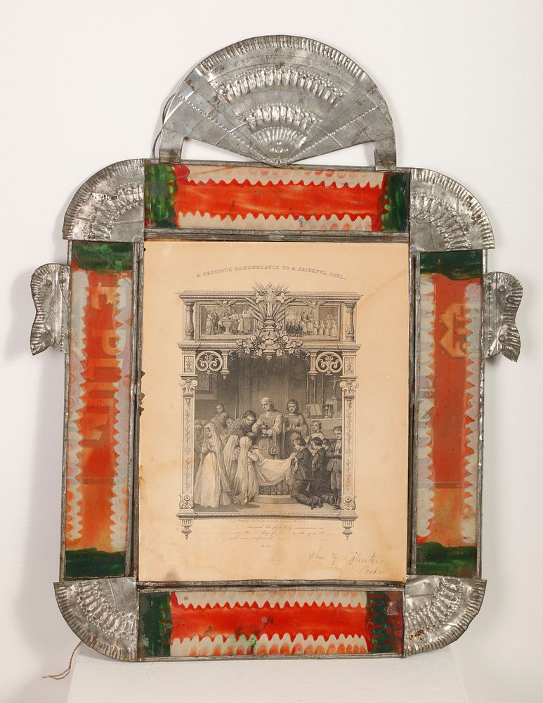 Appraisal: Tin Frame with Communion Certificate Attributed to Isleta Tinsmith Tin