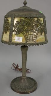 Appraisal: Victorian slag glass panel shade lamp with basket of flower