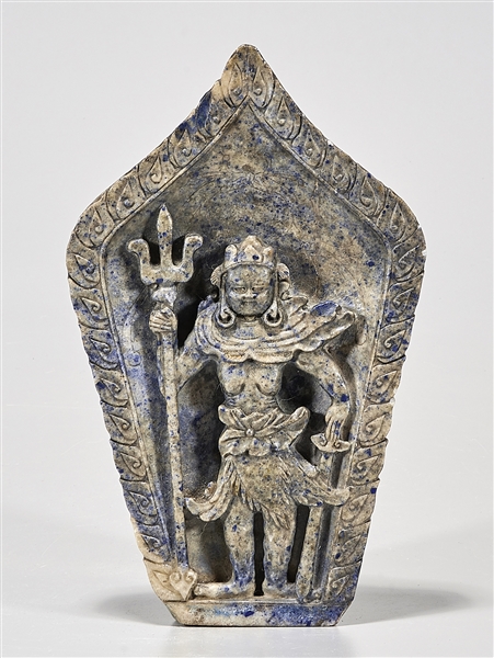 Appraisal: Chinese carved lapis stele with figure in high relief flaming