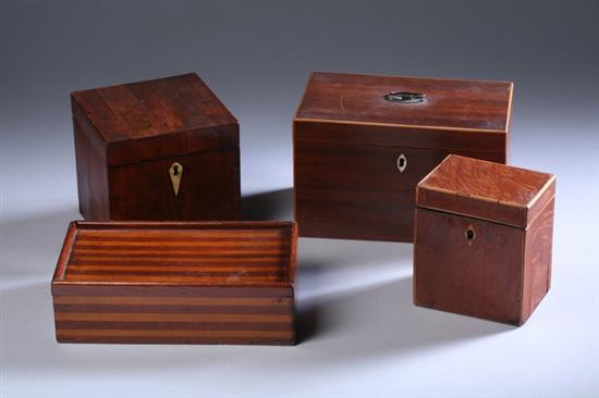 Appraisal: THREE ENGLISH MAHOGANY TEA CADDIES AND INLAID ACCESSORY BOX Comprising