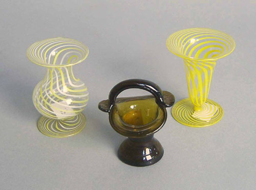 Appraisal: Blown amber glass basket salt h together with two yellow