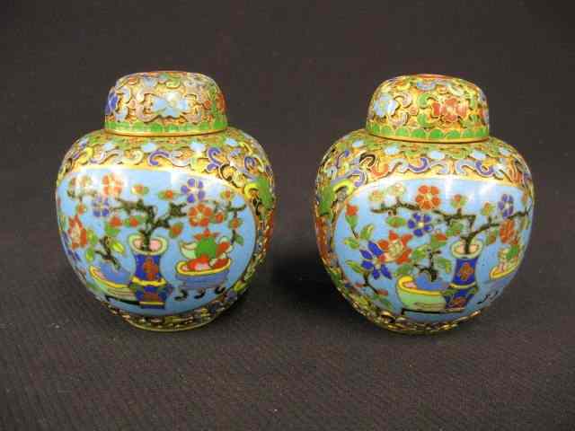 Appraisal: Pair of Chinese Cloisonne Miniature Jars fine panels of objects