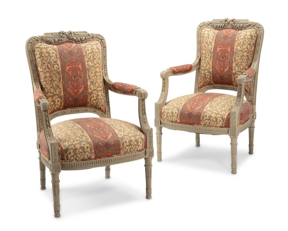 Appraisal: A pair of French Louis XVI-style armchairs th Century Each