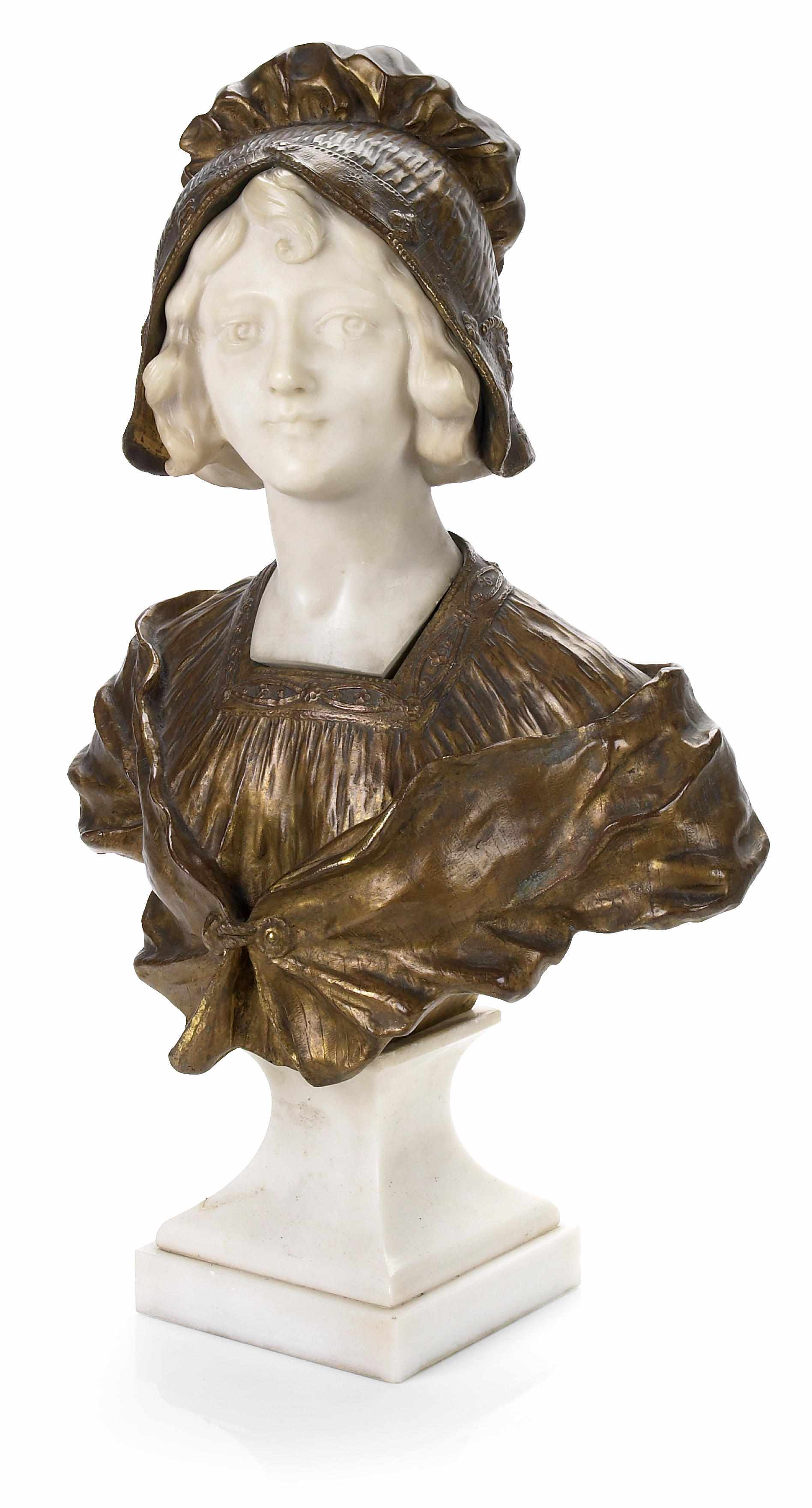 Appraisal: A patinated bronze and alabaster bust of a woman after