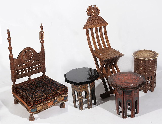 Appraisal: AN AFGHAN LOW CHAIR with saddlebag seat a Syrian inlaid