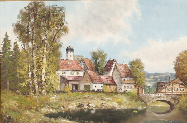 Appraisal: Joseph Fruhmesser Austrian b Old Town Bridge Bavarian landscape oil