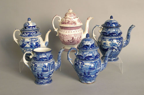 Appraisal: Five Staffordshire coffee pots th c tallest - h