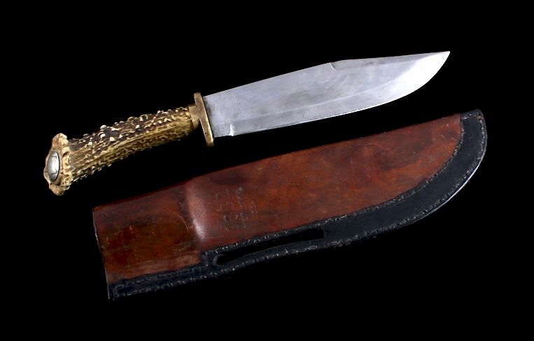 Appraisal: Byron Kehew Antler Handle Bowie Knife w Scabbard This is