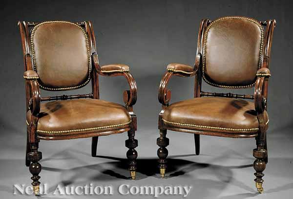 Appraisal: A Pair of American Renaissance Walnut Armchairs mid- th c