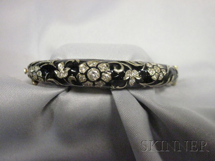 Appraisal: kt Gold Enamel and Diamond Bracelet the hinged bangle with