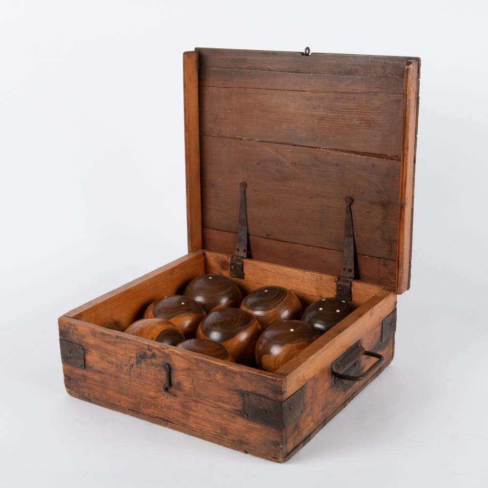 Appraisal: VICTORIAN BOCCE SET WITH ORIGINAL BOX A bocce lawn bowling