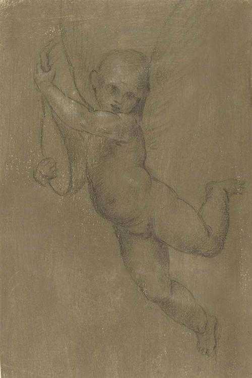 Appraisal: LOMBARDY CIRCA Putto playing music on a mandolin Black chalk