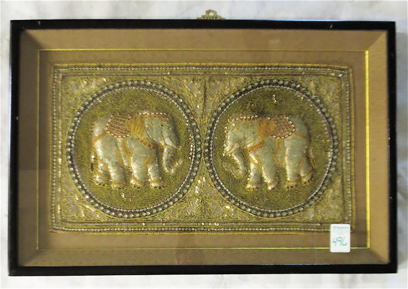 Appraisal: FRAMED INDIAN NEEDLEWORK TAPESTRY WITH ELEPHANTS sewn with silver metallic