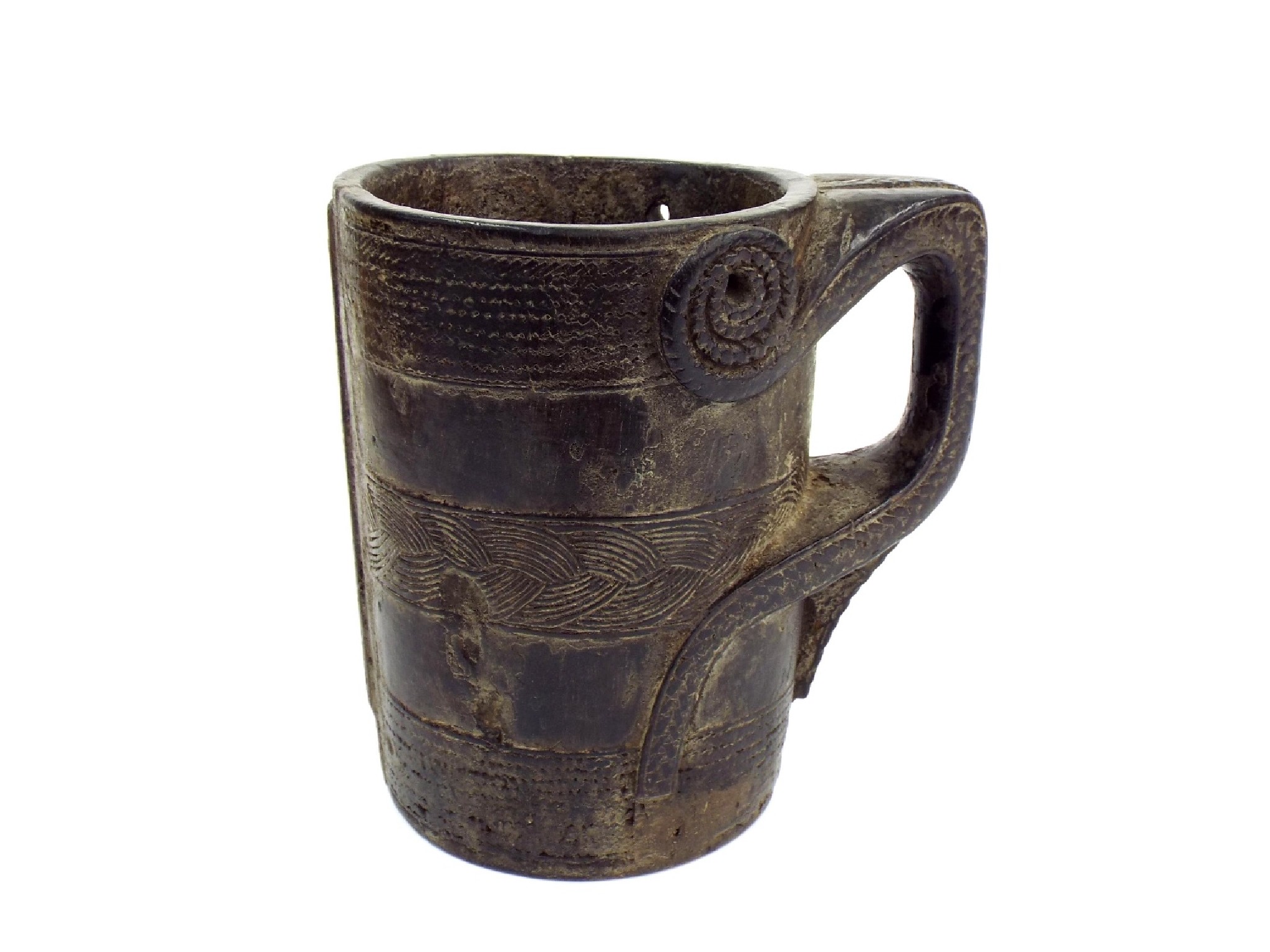 Appraisal: Interesting tribal carved hardwood tankard with geometric bands and serpent