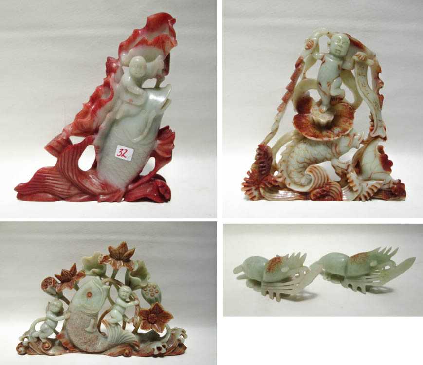 Appraisal: FIVE SOAPSTONE FIGURAL SCULPTURES three depicting a child or children