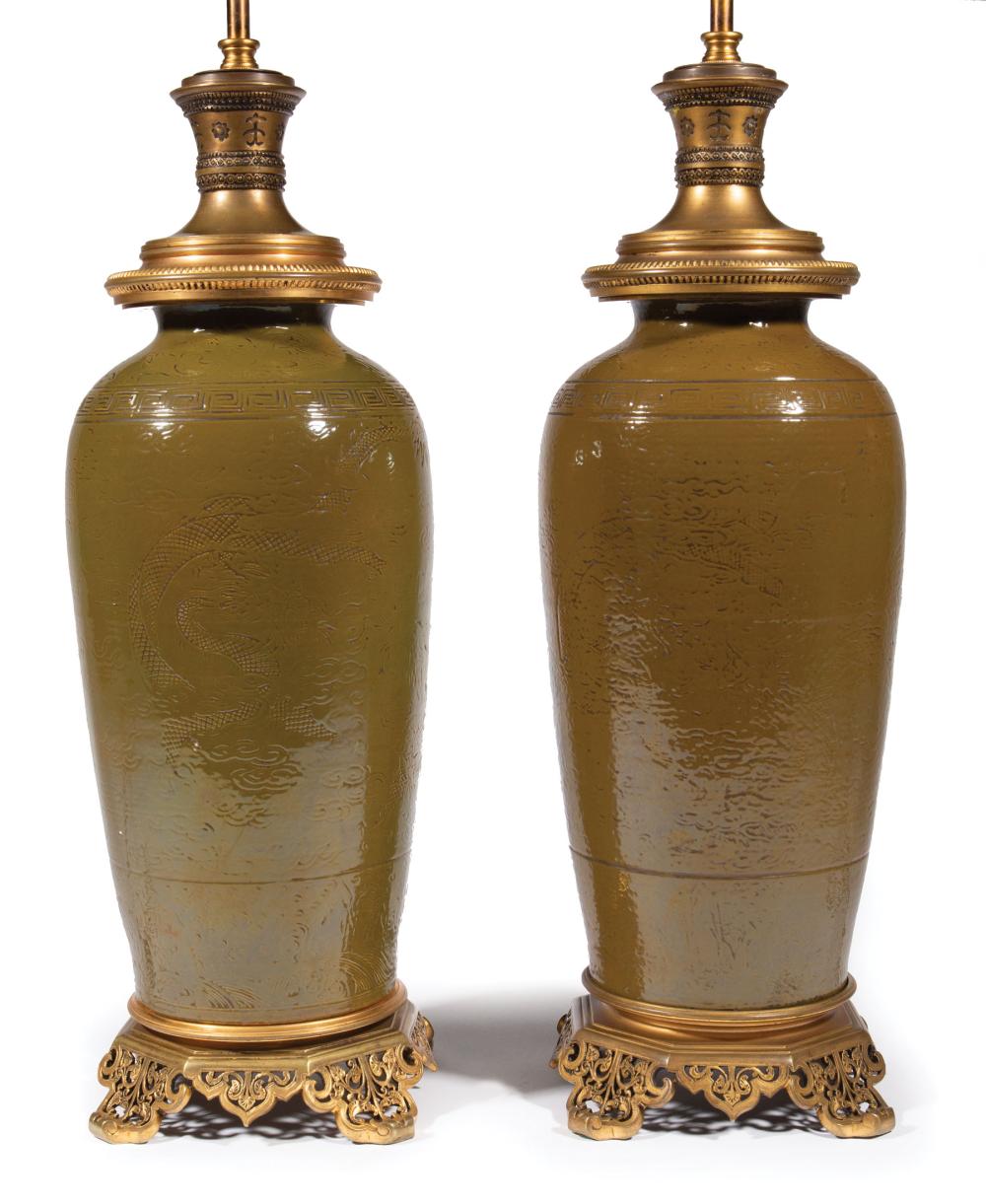 Appraisal: Pair of Asian Bronze Mounted Brown Glazed Porcelain Lamps ovoid