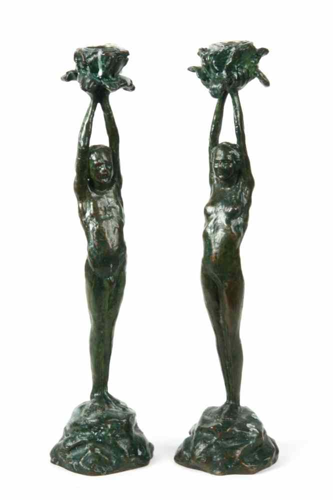 Appraisal: PAIR FIGURAL BRONZE CANDLESTICKS - 'Poppies' by Valerie Harisse Walter