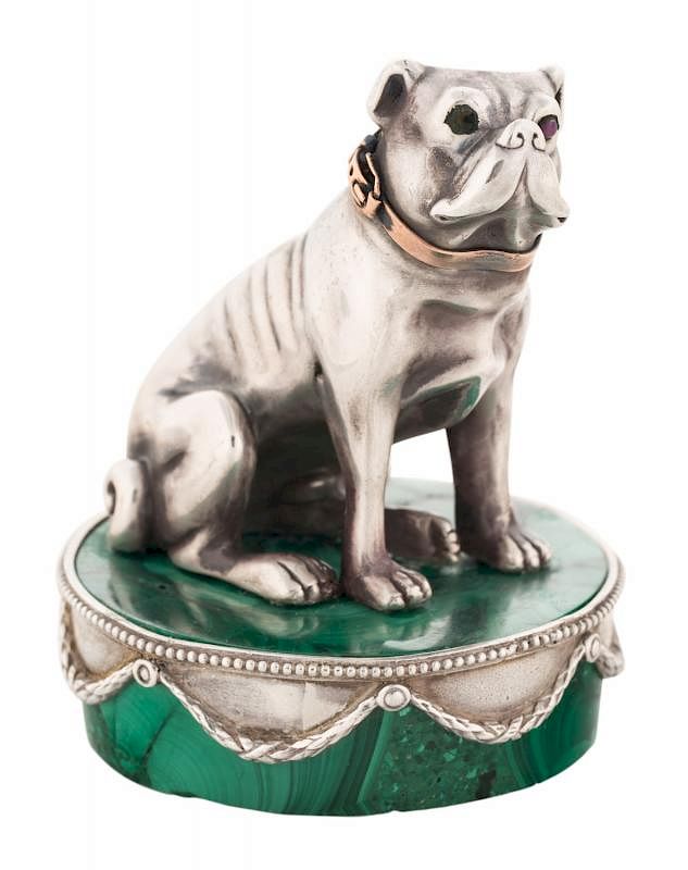 Appraisal: A FABERGE SILVER DOG ON A SILVER AND MALACHITE STAND