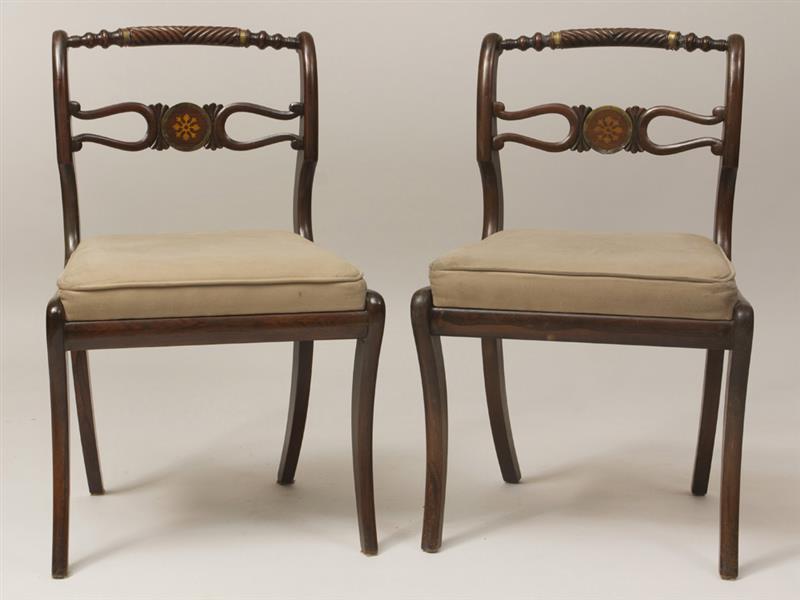 Appraisal: Pair of Regency Marquetry and Brass-Inlaid Mahogany Side Chairs Possibly