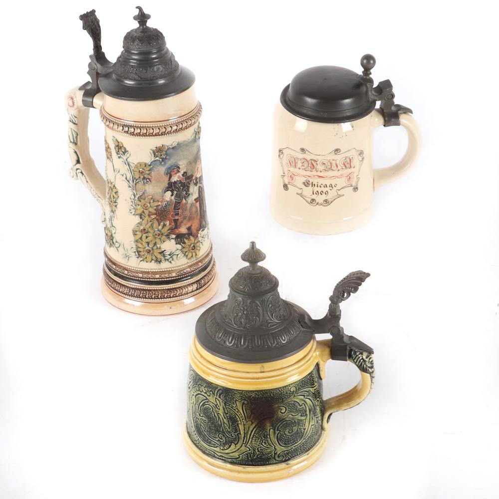 Appraisal: THREE GERMAN MAJOLICA AND STONEWARE STEINS ONE LITER METTLACH CHICAGO