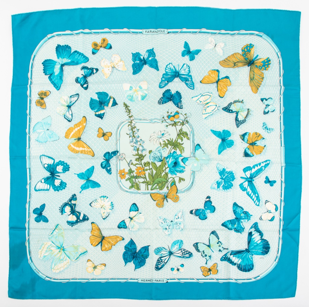 Appraisal: CATY LATHAM HERMES FARANDOLE BLUE SILK SCARF Caty Latham for