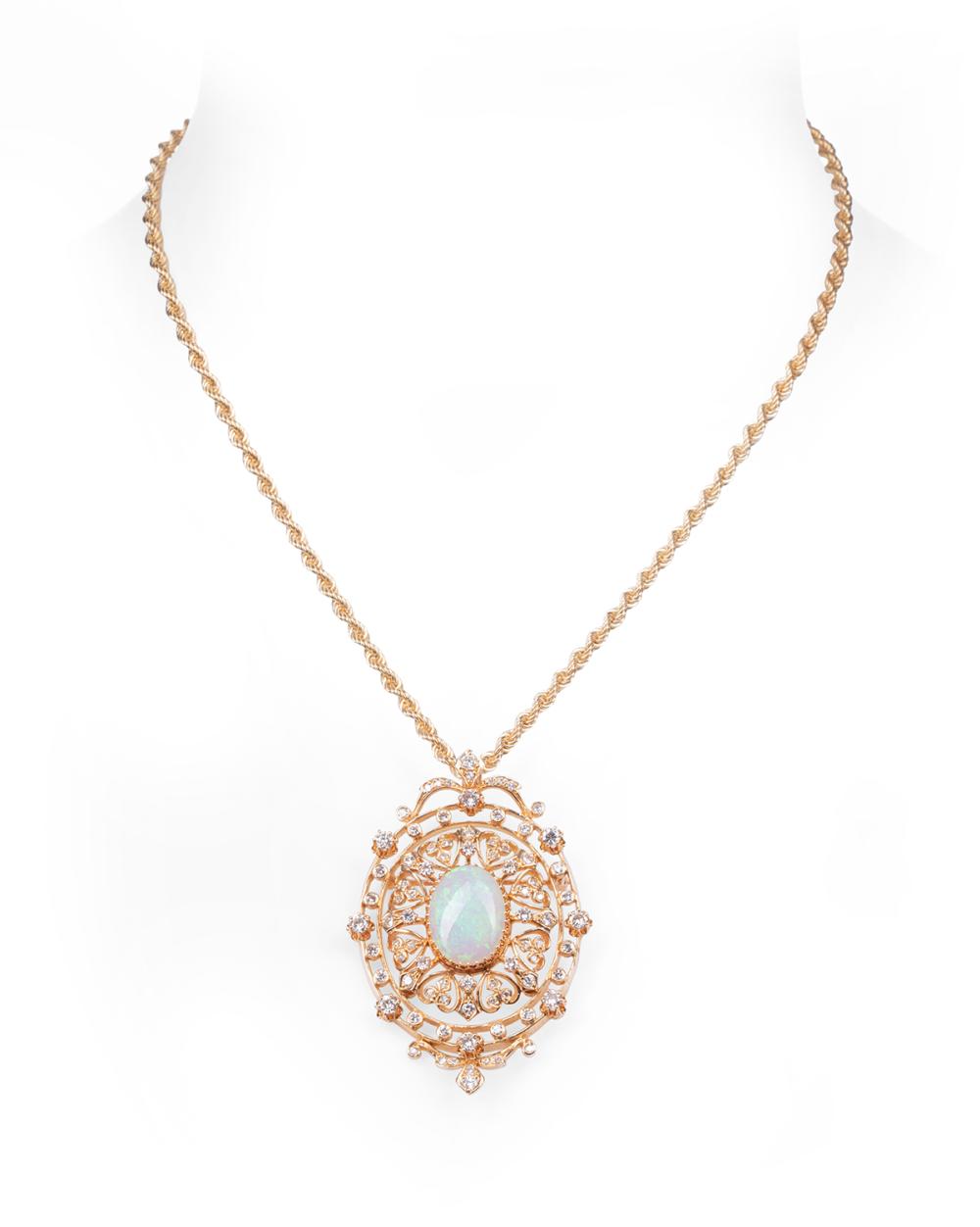 Appraisal: kt Yellow Gold Opal and Diamond Pendant Brooch Necklace central