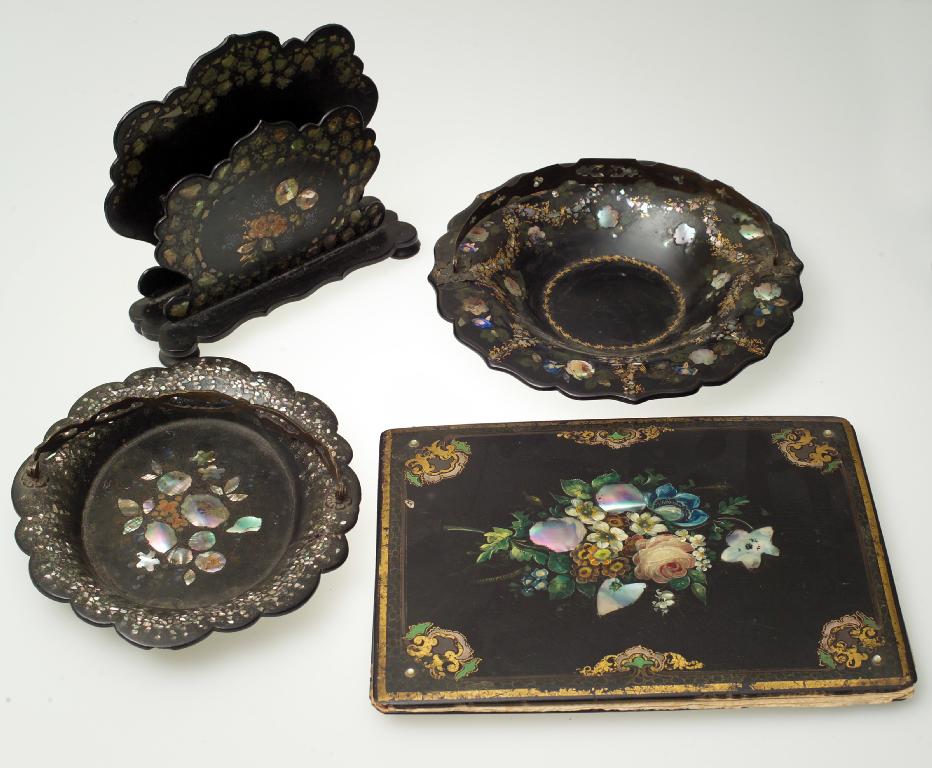 Appraisal: TWO VICTORIAN MOTHER-OF-PEARL INLAID PAPIER-MACHE BASKETS the first of circular