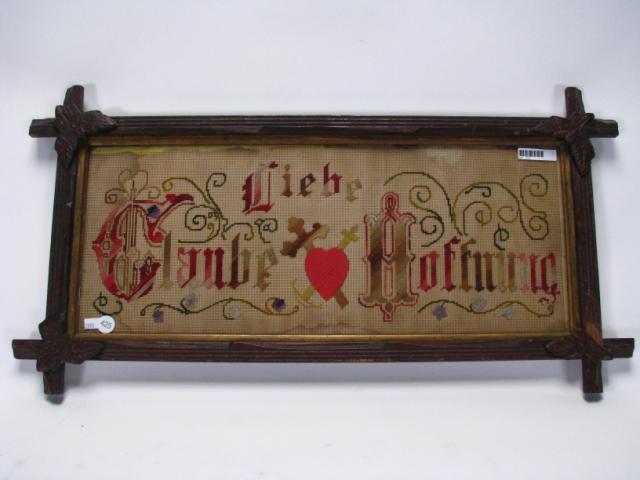 Appraisal: Victorian Cross Frame Embroidery with German text''Liebe Glaube Hoffnung''