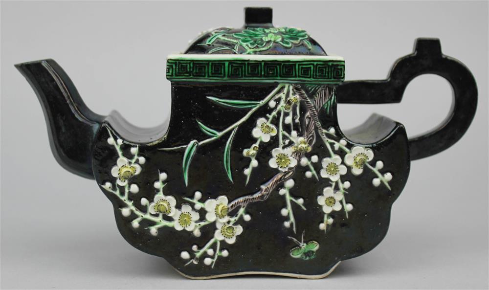 Appraisal: CHINESE FAMILLE NOIRE MOLDED TEAPOT AND COVER QING DYNASTY TH