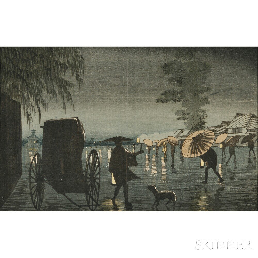 Appraisal: Kobayashi Kiyochika - Night Rain at Yanagihara Japan color woodblock