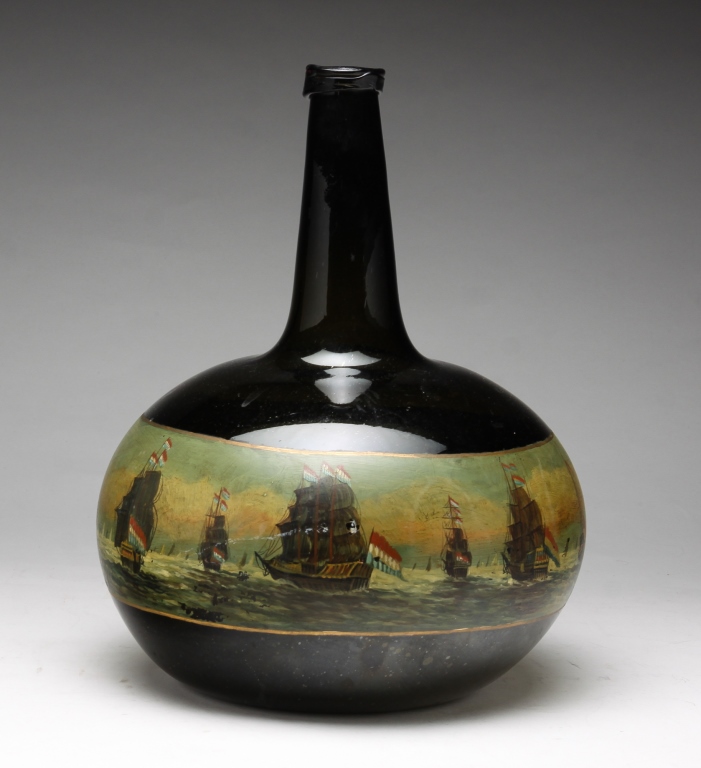 Appraisal: DUTCH BOTTLE WITH PAINTED NAVAL SCENE Late th century Large