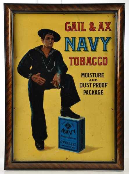 Appraisal: Gail Ax Navy Tobacco Sign Description This classic is usually