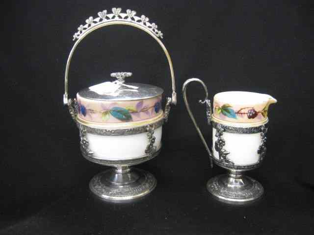 Appraisal: Mt Washington Art Glass Creamer Sugarin Middletown silverplate holders handpainted