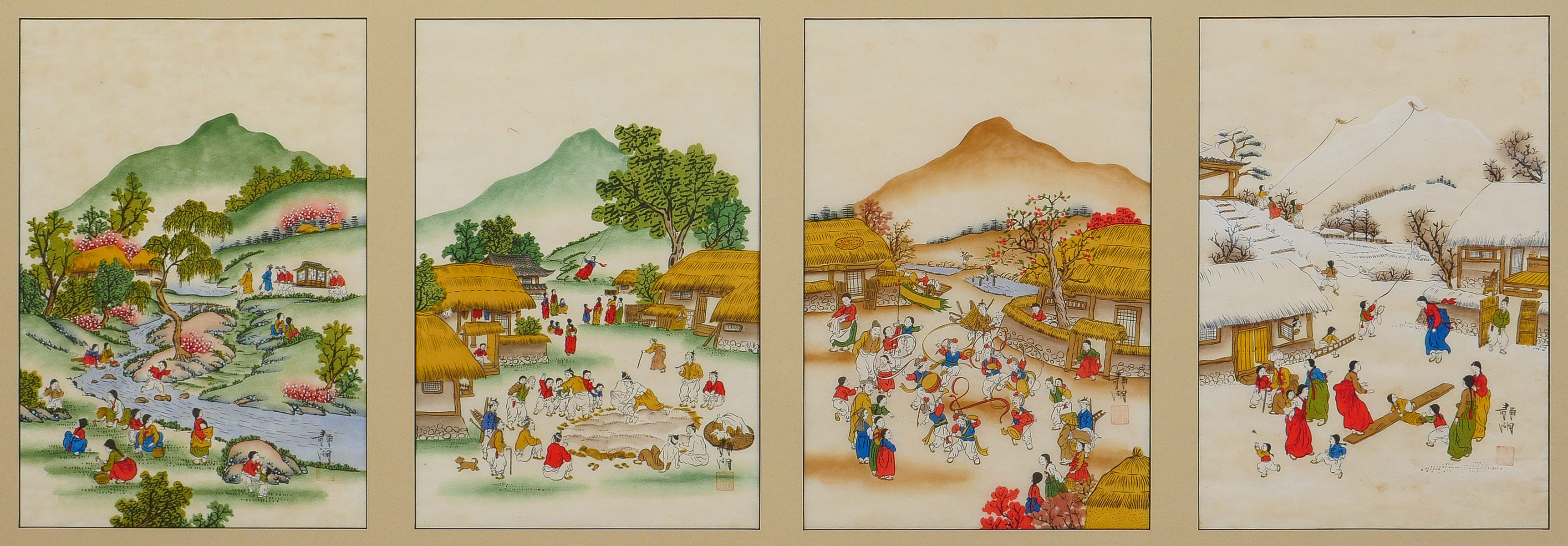 Appraisal: JAPANESE FOUR SEASONS FOUR SECTION PAINTING Watercolor Paper each image