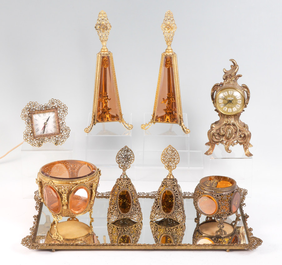 Appraisal: GILT METAL FILIGREE DRESSER SET An assembled collection of gilt