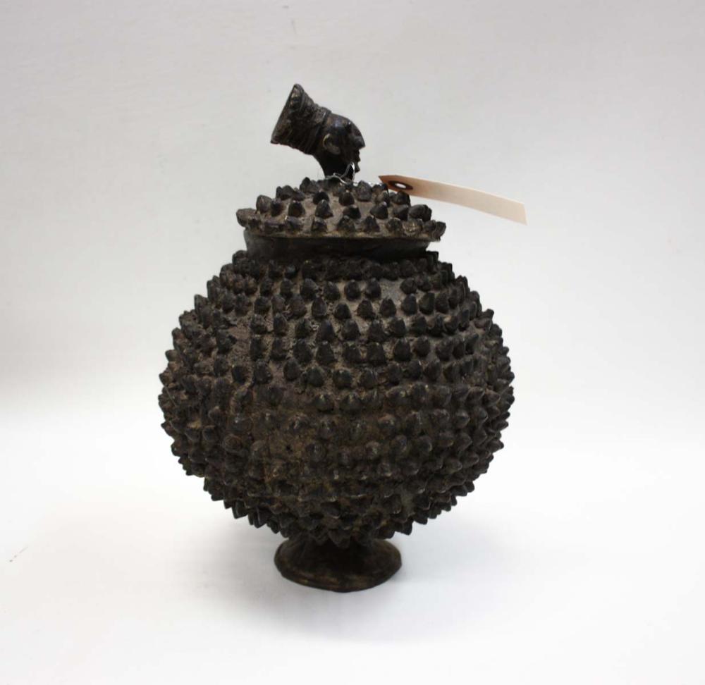 Appraisal: BURKINA FASO BRONZE LIDDED VESSEL with small spikes around and