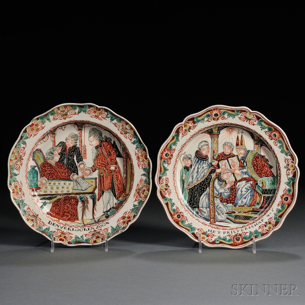 Appraisal: Two Dutch Decorated Cream-colored Earthenware Plates England c each polychrome