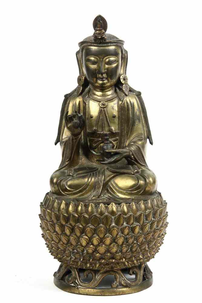 Appraisal: SCULPTURE - Early Chinese gilded bronze two-part Buddha on lotus