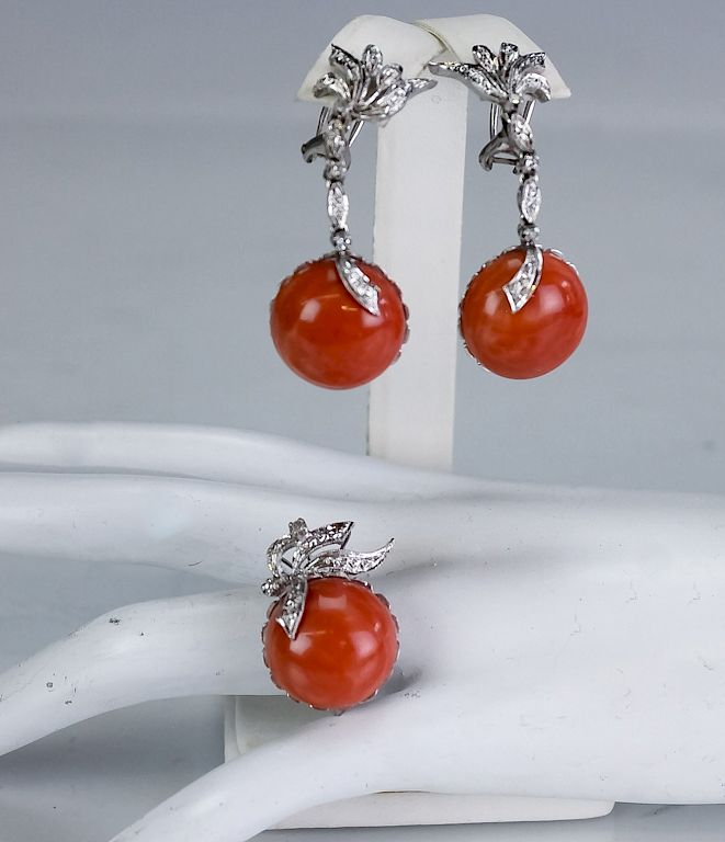 Appraisal: 's Retro k Coral Diamond Earrings Ring Ladies coral and