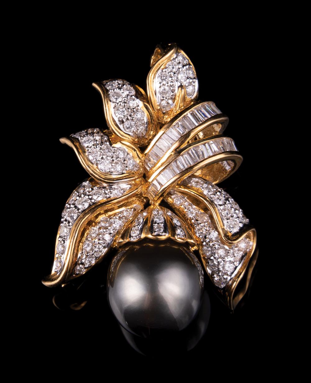 Appraisal: kt Yellow Gold Faux Black Pearl and Diamond Brooch Pendant