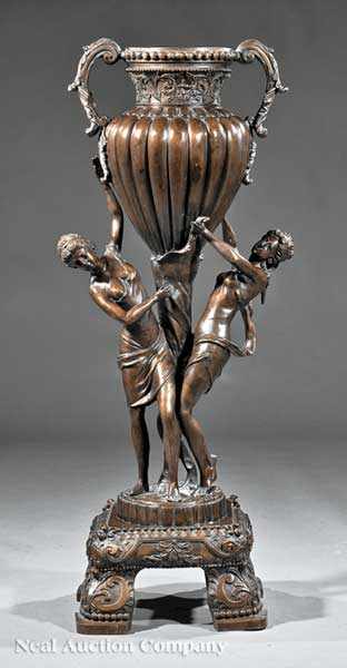 Appraisal: A Renaissance-Style Patinated Bronze Figural Urn two maidens supporting the