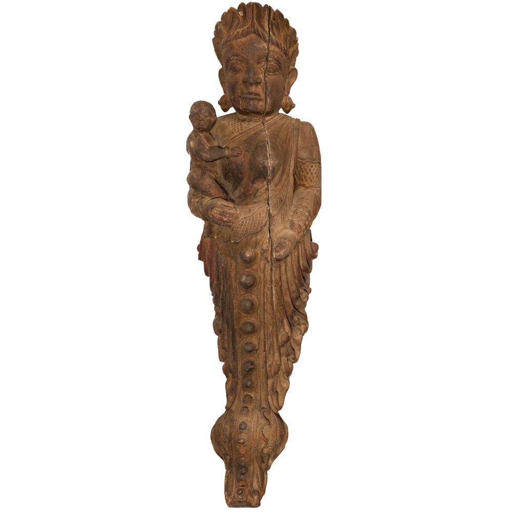 Appraisal: INDIAN BUDDHIST CARVED WOOD YAKSHI SCULPTUREDepicting the deity Hariti holding