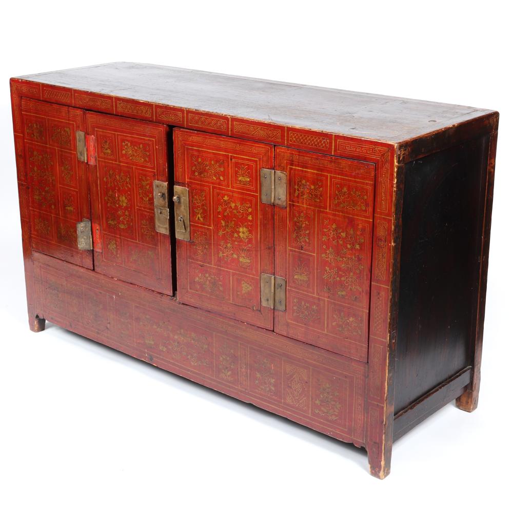 Appraisal: CHINESE GILT DECORATED DOOR RED LACQUER CABINET CHEST CREDENZA H