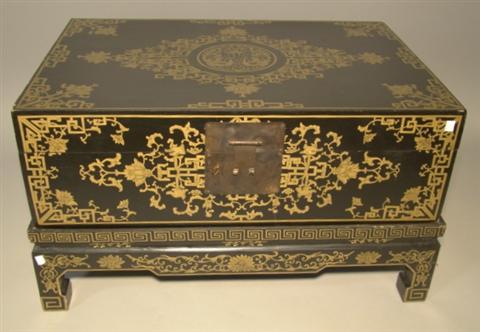 Appraisal: CHINESE BLACK LACQUER TRUNK ON STAND The inside painted Chinese