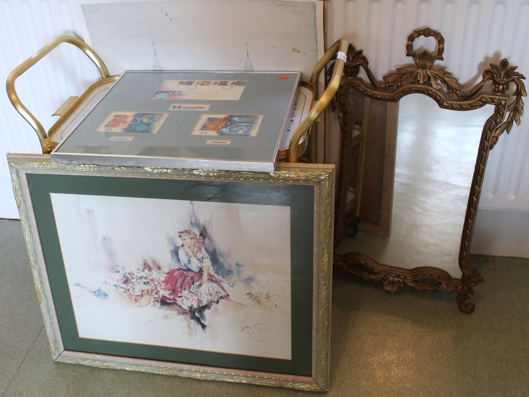 Appraisal: Tea trolley gilt framed mirror colour print after Gordon King