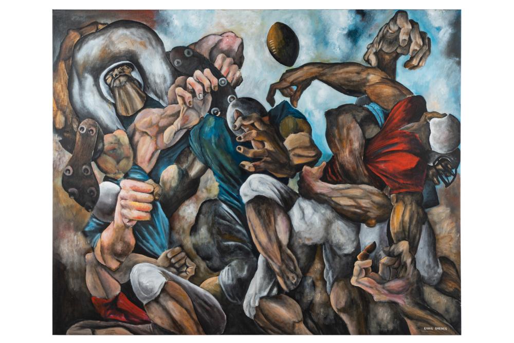 Appraisal: ERNIE EUGENE BARNES JR - UNTITLED FOOTBALL PLAYERS oil on