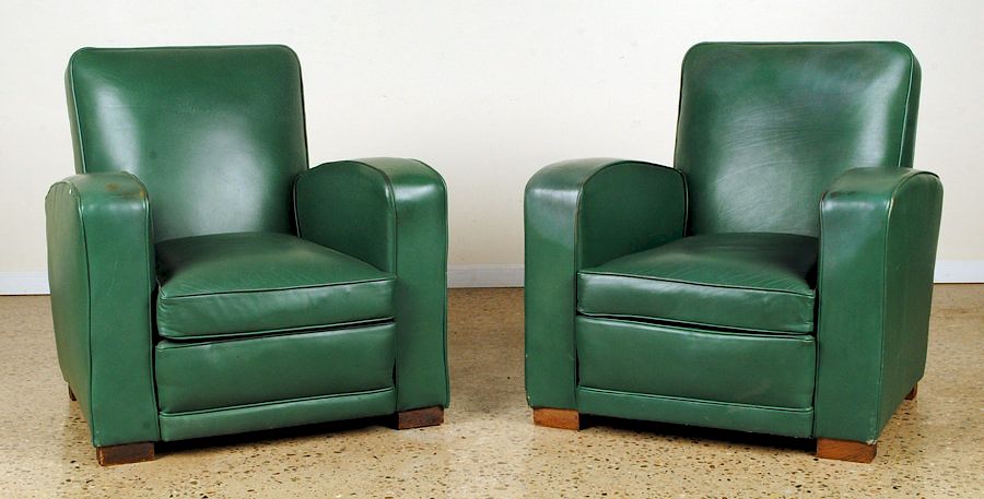 Appraisal: PAIR ART DECO GREEN LEATHER LOUNGE CHAIRS C A pair