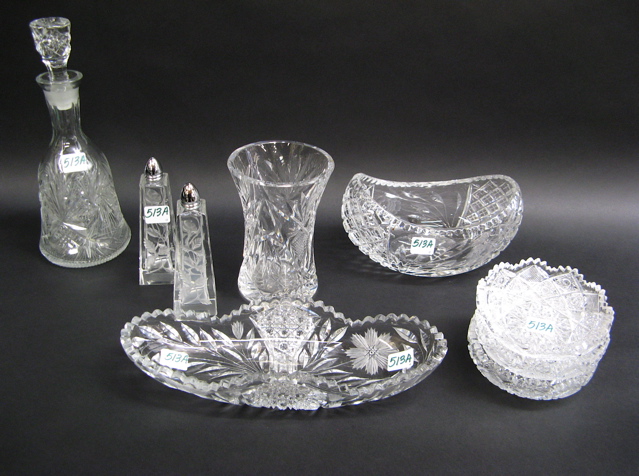 Appraisal: GROUP OF AMERICAN CUT CRYSTAL TABLE ACCESSORIES decanter with stopper