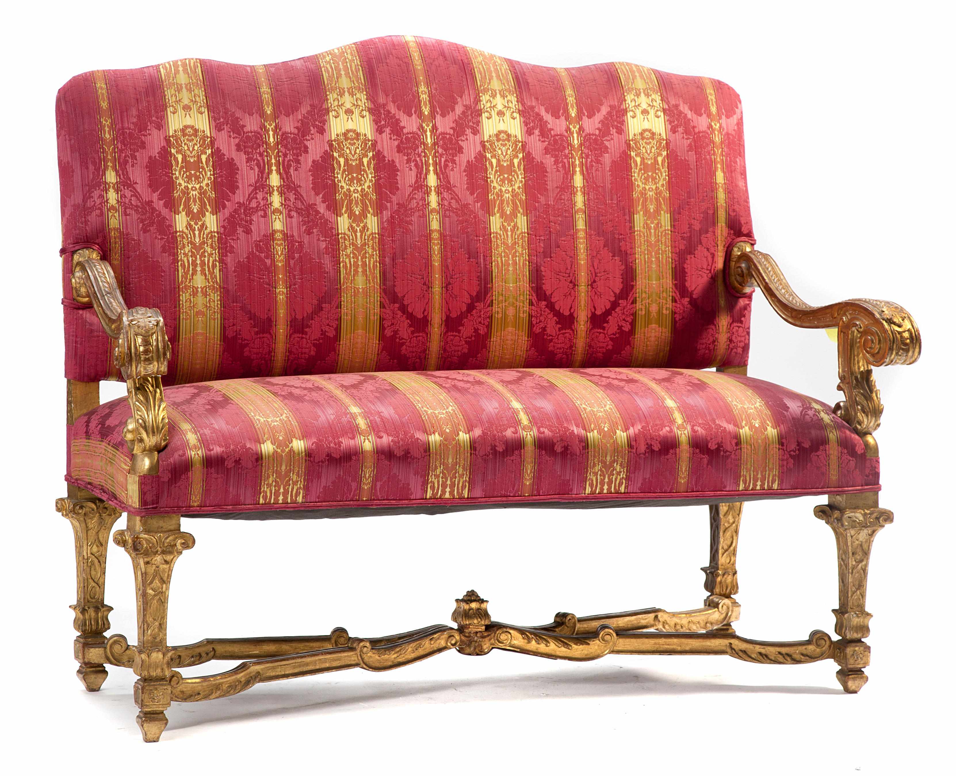 Appraisal: An Louis XIV style upholstered giltwood sofa height in width