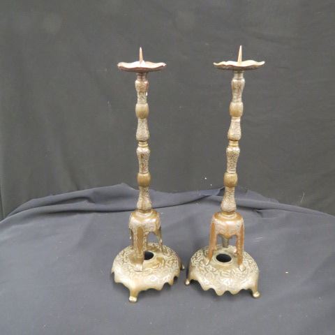 Appraisal: Pair of Oriental Bronze Candlesticks tri-footed th century tall